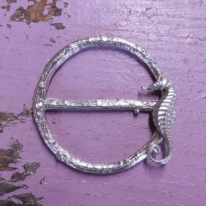 Seahorse Scarf Ring, Pewter Seahorse on Twig Circle, Handcast, Polished Finish