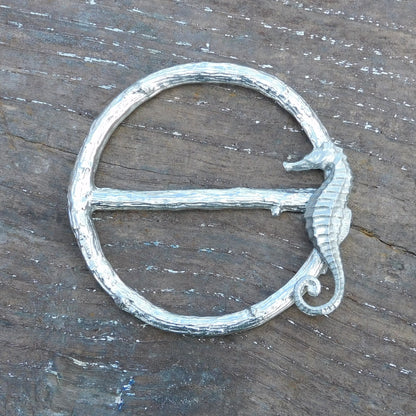Seahorse Scarf Ring, Pewter Seahorse on Twig Circle, Handcast, Polished Finish