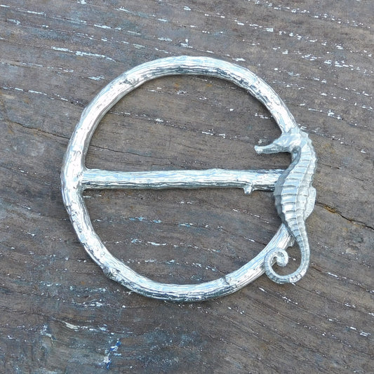 Seahorse Scarf Ring, Pewter Seahorse on Twig Circle, Handcast, Polished Finish