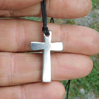 Simple Cross Pendant Necklace, Handcast Pewter on Adjustable Waxed Cord