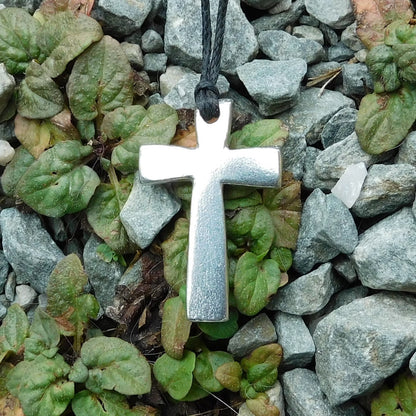 Simple Cross Pendant Necklace, Handcast Pewter on Adjustable Waxed Cord