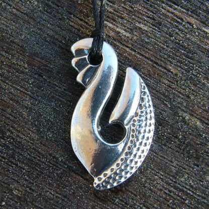 Maori Fish Hook Pendant Necklace (Textured Design), Handcast Pewter Pendant on Adjustable Waxed Cord