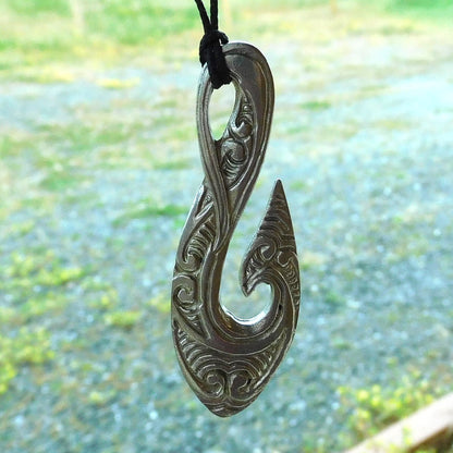 Engraved Maori Fish Hook Pendant Necklace (Large Design), Handcast Pewter Pendant on Adjustable Waxed Cord