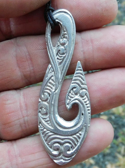 Engraved Maori Fish Hook Pendant Necklace (Large Design), Handcast Pewter Pendant on Adjustable Waxed Cord