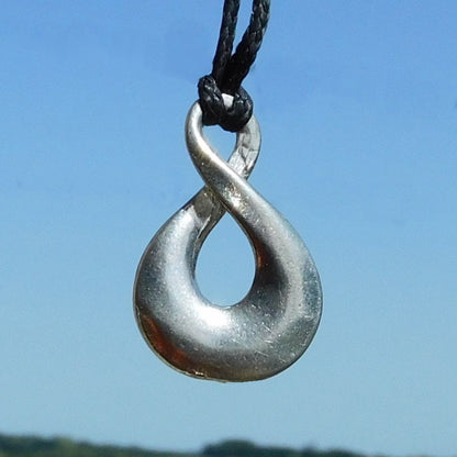 Infinity Loop Pendant Necklace (Open Twist Design), Handcast Pewter Pendant on Adjustable Waxed Cord
