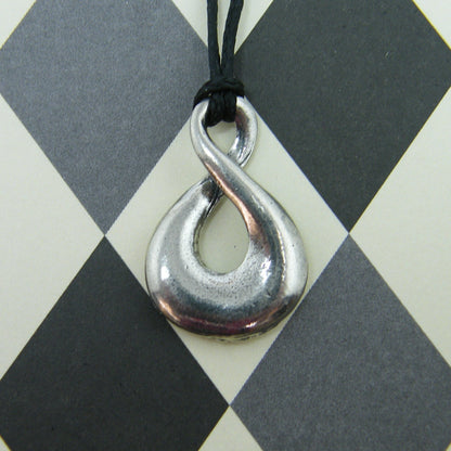 Infinity Loop Pendant Necklace (Open Twist Design), Handcast Pewter Pendant on Adjustable Waxed Cord