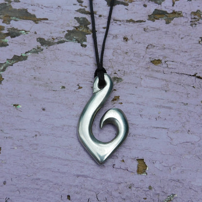 Maori Fish Hook Pendant Necklace (Pointed Design), Handcast Pewter Pendant on Adjustable Waxed Cord