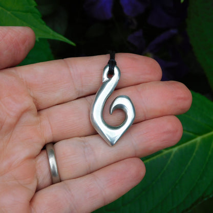Maori Fish Hook Pendant Necklace (Pointed Design), Handcast Pewter Pendant on Adjustable Waxed Cord