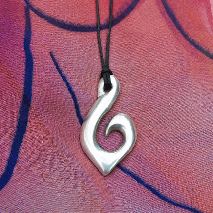 Maori Fish Hook Pendant Necklace (Pointed Design), Handcast Pewter Pendant on Adjustable Waxed Cord