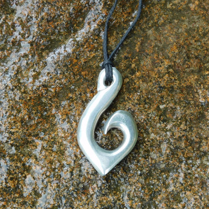 Maori Fish Hook Pendant Necklace (Pointed Design), Handcast Pewter Pendant on Adjustable Waxed Cord