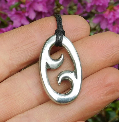 Koru Pendant Necklace (Oval Spiral Design), Maori-Inspired Handcast Pewter Pendant on Adjustable Waxed Cord