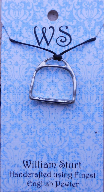 Stirrup Pendant Necklace, Handcast Pewter on Adjustable Waxed Cord