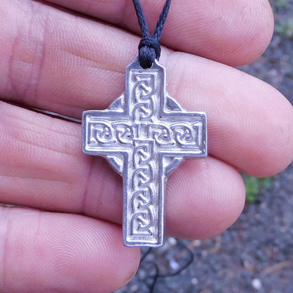 Celtic Cross Pendant Necklace (Engraved Knotwork Design), Handcast Pewter Pendant on Adjustable Waxed Cord