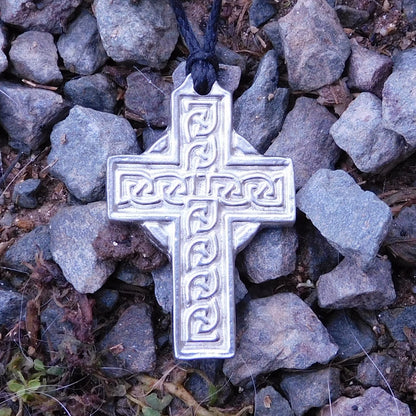 Celtic Cross Pendant Necklace (Engraved Knotwork Design), Handcast Pewter Pendant on Adjustable Waxed Cord