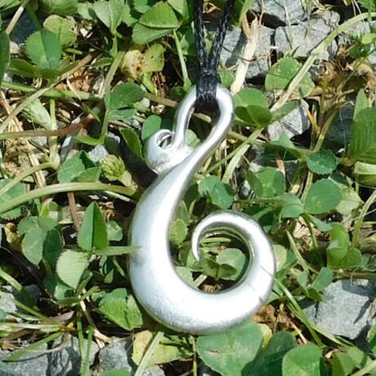 Spiral Fish Hook Pendant Necklace, Handcast Pewter Pendant on Adjustable Waxed Cord