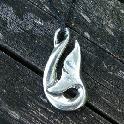 Whale Tail Pendant Necklace (Curved Design), Handcast Pewter Pendant on Adjustable Waxed Cord