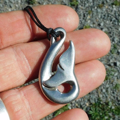 Whale Tail Pendant Necklace (Curved Design), Handcast Pewter Pendant on Adjustable Waxed Cord