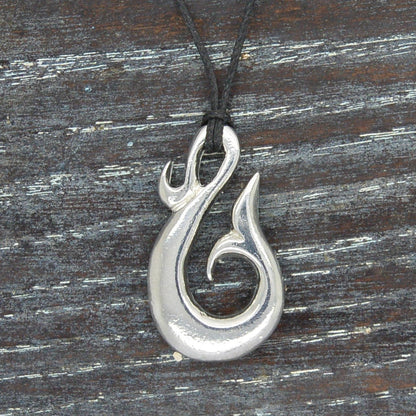Whale Tail Hook Pendant Necklace, Handcast Pewter Pendant on Adjustable Waxed Cord