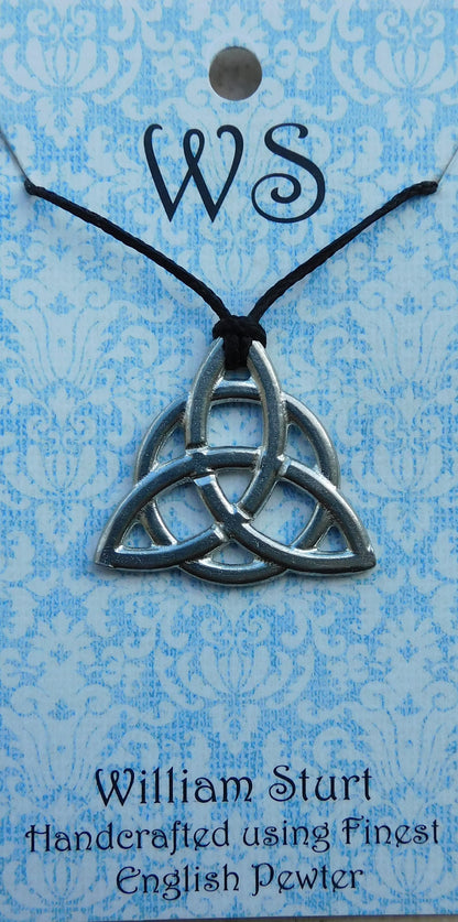 Trinity Knot Pendant Necklace, Handcast Pewter Pendant on Adjustable Waxed Cord
