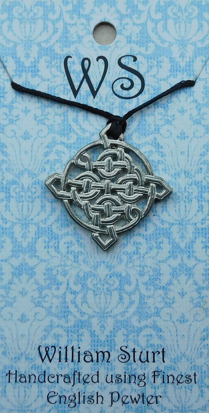 Celtic Knot Pendant Necklace (Square Knot Design), Handcast Pewter Pendant on Adjustable Waxed Cord