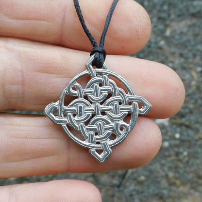 Celtic Knot Pendant Necklace (Square Knot Design), Handcast Pewter Pendant on Adjustable Waxed Cord