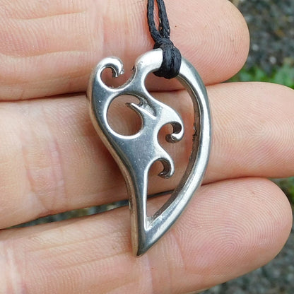 Koru Heart Pendant Necklace, Handcast Pewter on Adjustable Waxed Cord
