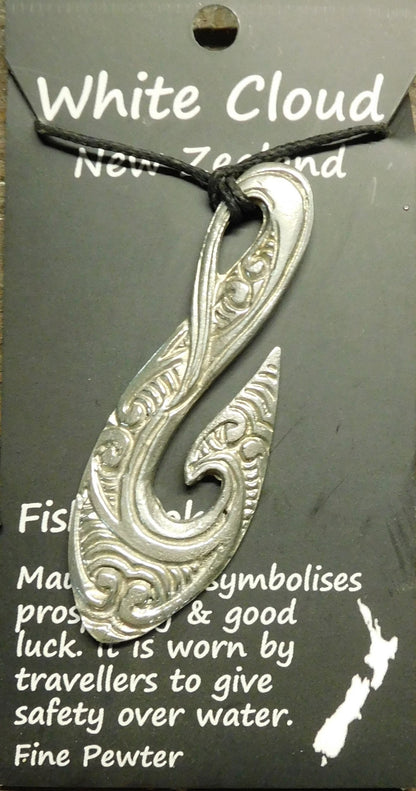 Maori Fish Hook Pendant Necklace (Classic J Design), Handcast Pewter Pendant on Adjustable Waxed Cord