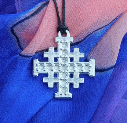 Jerusalem Cross Pendant, Dimpled Finish, Handcast Pewter, Polished, with Chain or Cord