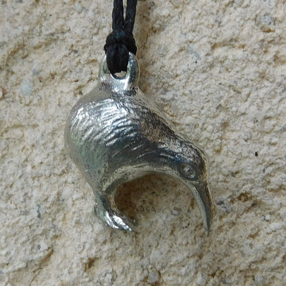 Kiwi Bird Pendant Necklace, Handcast Pewter on Adjustable Waxed Cord