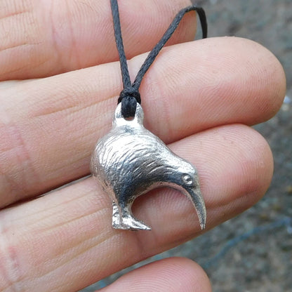 Kiwi Bird Pendant Necklace, Handcast Pewter on Adjustable Waxed Cord