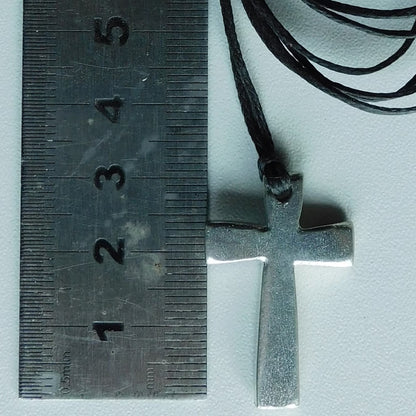 Simple Cross Pendant Necklace, Handcast Pewter on Adjustable Waxed Cord