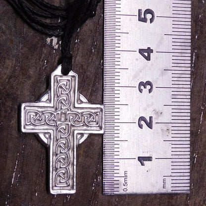 Celtic Cross Pendant Necklace (Engraved Knotwork Design), Handcast Pewter Pendant on Adjustable Waxed Cord