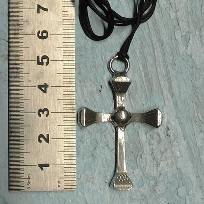 Horseshoe Nail Cross Pendant, Handcast Pewter Rustic Cross Necklace on Adjustable Cord