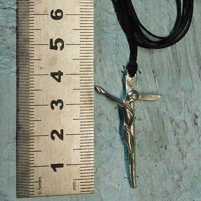 Crucifix Pendant Necklace, Handcast Pewter Cross with Christ Figure on Adjustable Waxed Cord