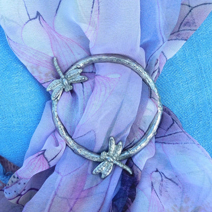 Two Dragonfly Scarf Ring, Oak Twig Circle, Handcast Pewter, Polished Finish