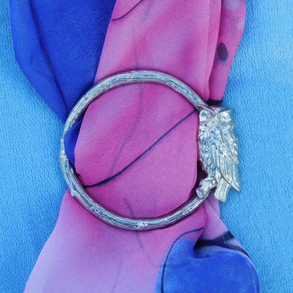 Owl Scarf Ring (Perched Owl), Oak Twig Circle, Handcast Pewter, Polished Finish