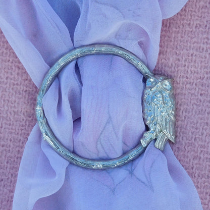 Owl Scarf Ring (Perched Owl), Oak Twig Circle, Handcast Pewter, Polished Finish