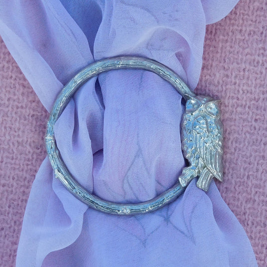 Owl Scarf Ring (Perched Owl), Oak Twig Circle, Handcast Pewter, Polished Finish