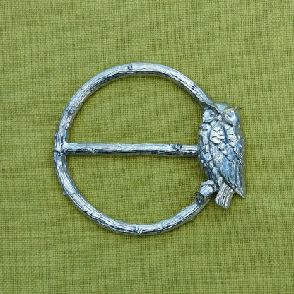 Owl Scarf Ring (Perched Owl), Oak Twig Circle, Handcast Pewter, Polished Finish