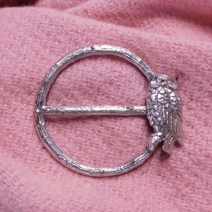 Owl Scarf Ring (Perched Owl), Oak Twig Circle, Handcast Pewter, Polished Finish