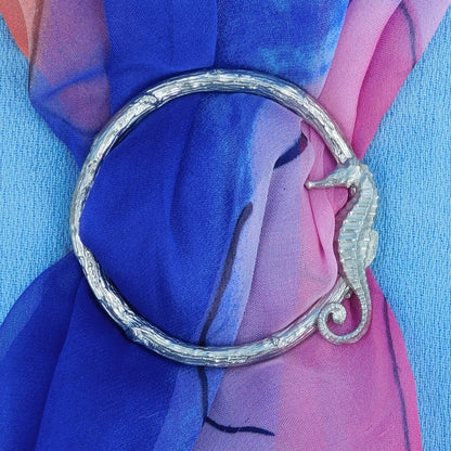 Seahorse Scarf Ring, Pewter Seahorse on Twig Circle, Handcast, Polished Finish