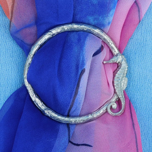 Seahorse Scarf Ring, Pewter Seahorse on Twig Circle, Handcast, Polished Finish