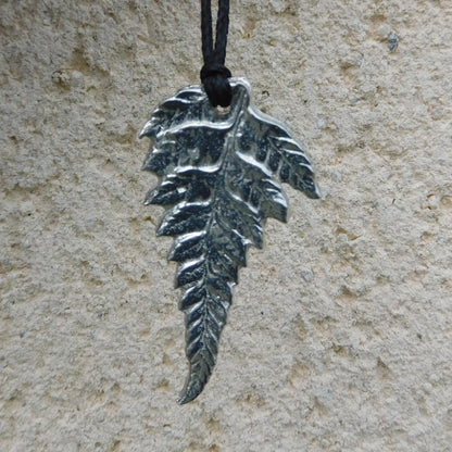 New Zealand Fern Pendant Necklace (Real Leaf Cast), Handcast Pewter Pendant on Adjustable Waxed Cord