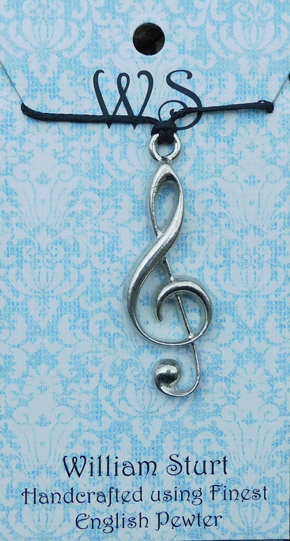 Treble Clef Pendant Necklace, Handcast Pewter on Adjustable Waxed Cord