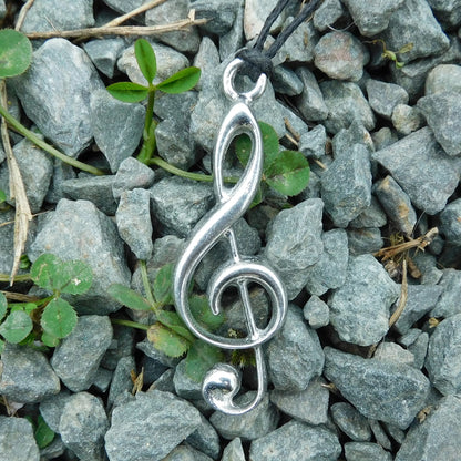 Treble Clef Pendant Necklace, Handcast Pewter on Adjustable Waxed Cord