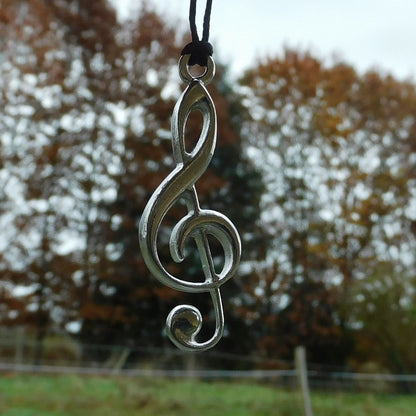 Treble Clef Pendant Necklace, Handcast Pewter on Adjustable Waxed Cord