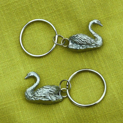 Pair of Swan Pewter Keyrings, Matching Couple Keychains, Handmade Polished Pewter