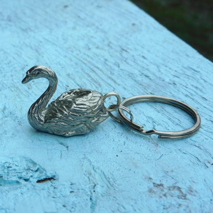 Pair of Swan Pewter Keyrings, Matching Couple Keychains, Handmade Polished Pewter