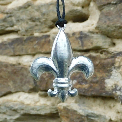 Fleur-de-Lys Pendant Necklace, Handcast Pewter on Adjustable Waxed Cord