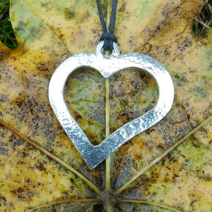 Open Heart Pendant Necklace, Hammered Curved Design, Handcast Pewter on Adjustable Waxed Cord